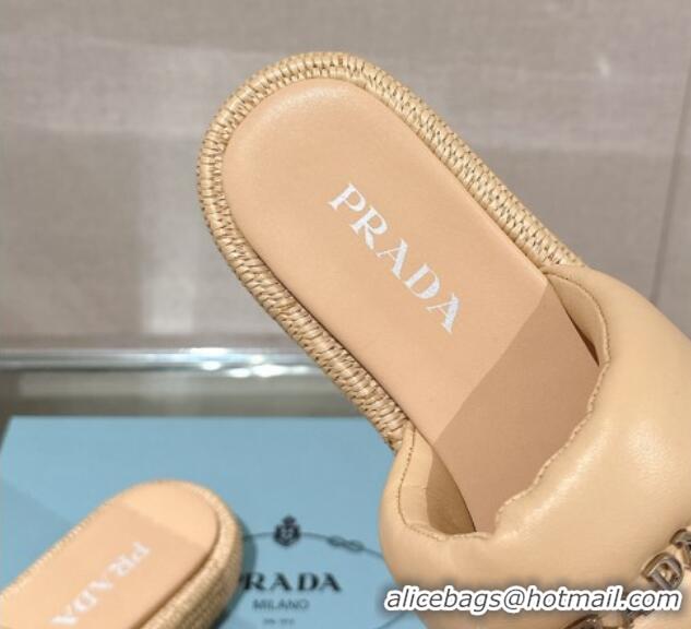 Classic Hot Prada Nappa Leather Platform Slide Sandals with Signature Beige 430006