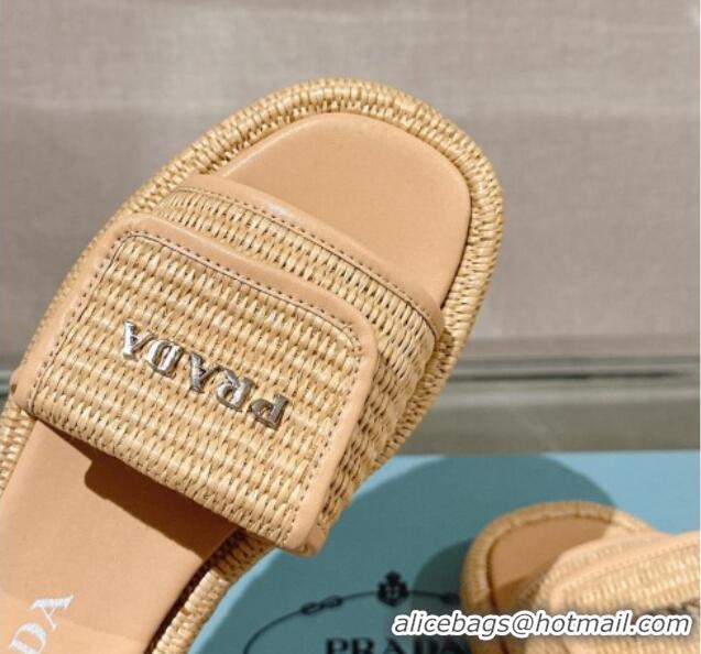 Luxurious Prada Crochet Platform Slide Sandals with Foldover Beige 430007