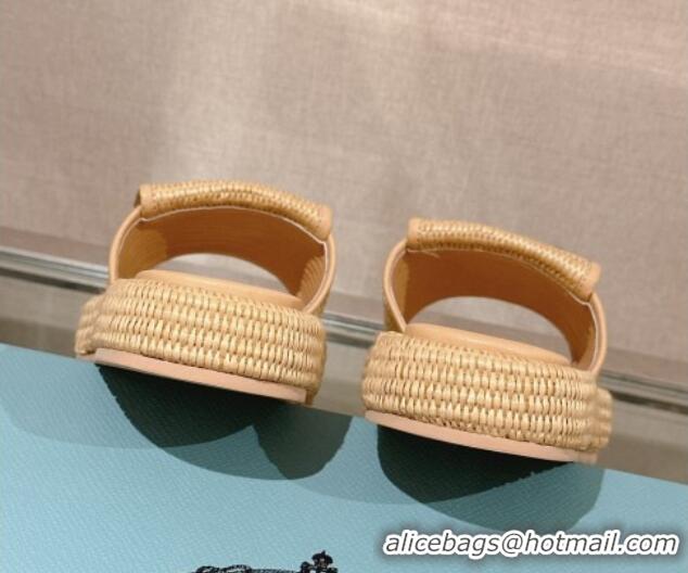 Luxurious Prada Crochet Platform Slide Sandals with Foldover Beige 430007