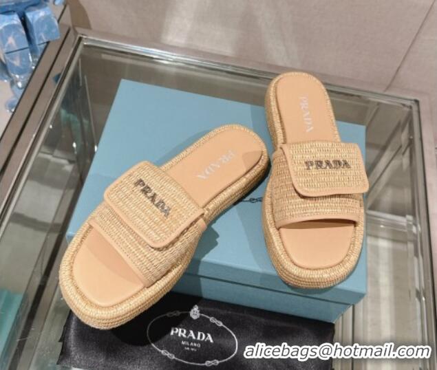 Luxurious Prada Crochet Platform Slide Sandals with Foldover Beige 430007