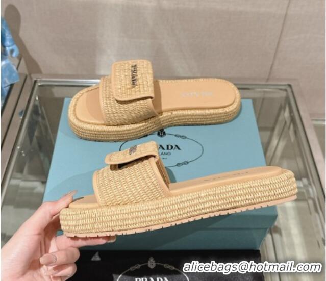 Luxurious Prada Crochet Platform Slide Sandals with Foldover Beige 430007