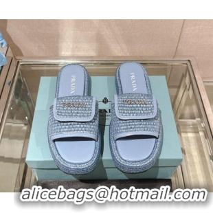 Purchase Prada Crochet Platform Slide Sandals with Foldover Blue 430008