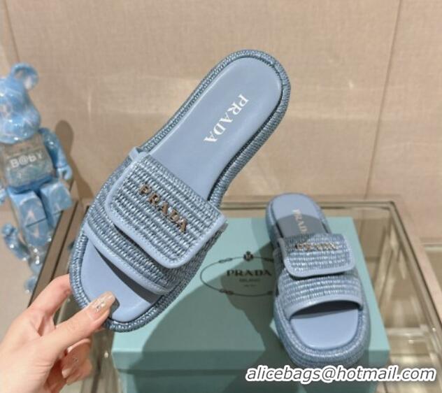 Purchase Prada Crochet Platform Slide Sandals with Foldover Blue 430008