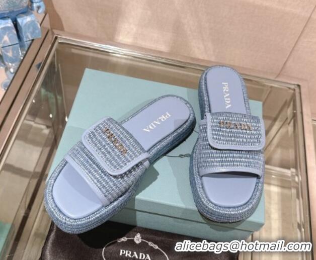 Purchase Prada Crochet Platform Slide Sandals with Foldover Blue 430008