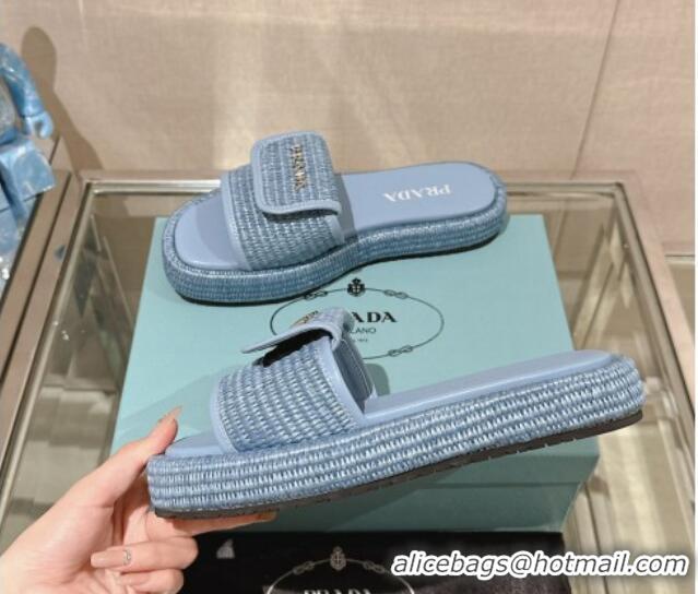 Purchase Prada Crochet Platform Slide Sandals with Foldover Blue 430008