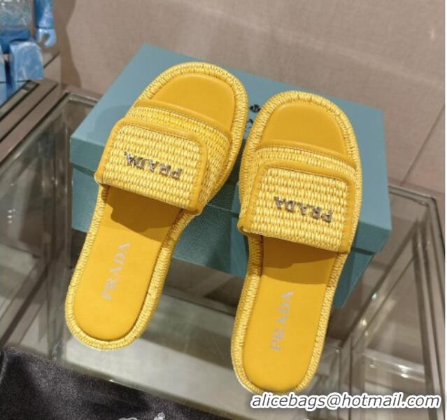 Best Grade Prada Crochet Platform Slide Sandals with Foldover Yellow 430009