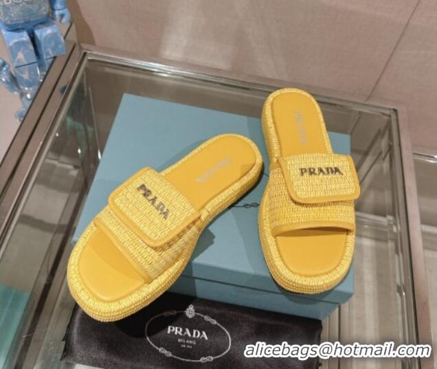 Best Grade Prada Crochet Platform Slide Sandals with Foldover Yellow 430009