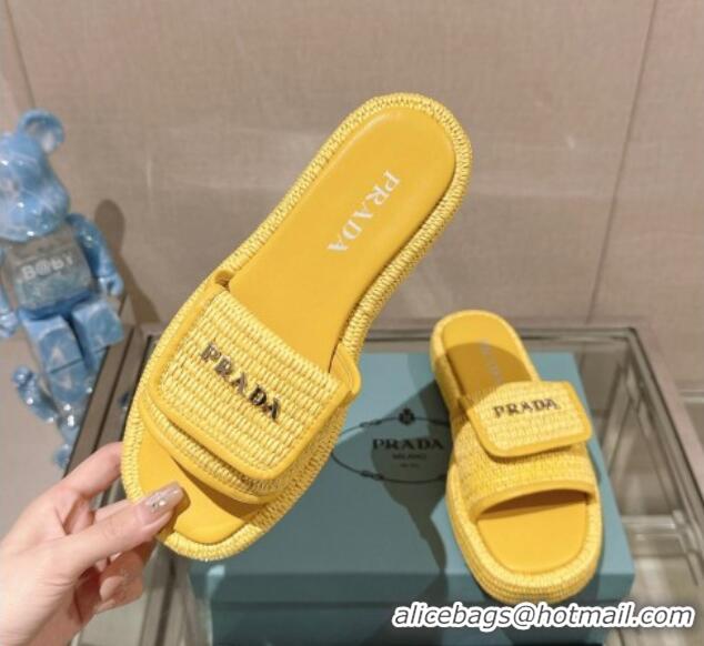 Best Grade Prada Crochet Platform Slide Sandals with Foldover Yellow 430009