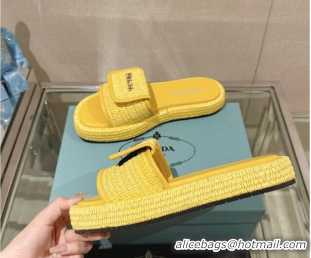 Best Grade Prada Crochet Platform Slide Sandals with Foldover Yellow 430009