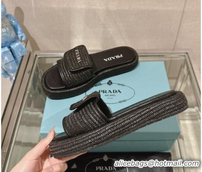 Low Cost Prada Crochet Platform Slide Sandals with Foldover Black 430012