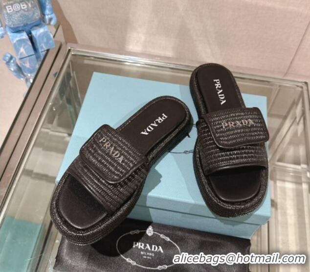 Low Cost Prada Crochet Platform Slide Sandals with Foldover Black 430012