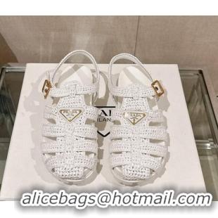 Good Looking Prada Crochet Strap Flat Sandals White 0430014