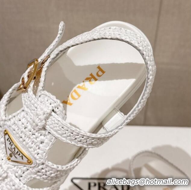 Good Looking Prada Crochet Strap Flat Sandals White 0430014