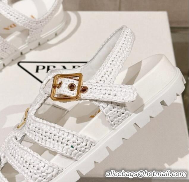 Good Looking Prada Crochet Strap Flat Sandals White 0430014