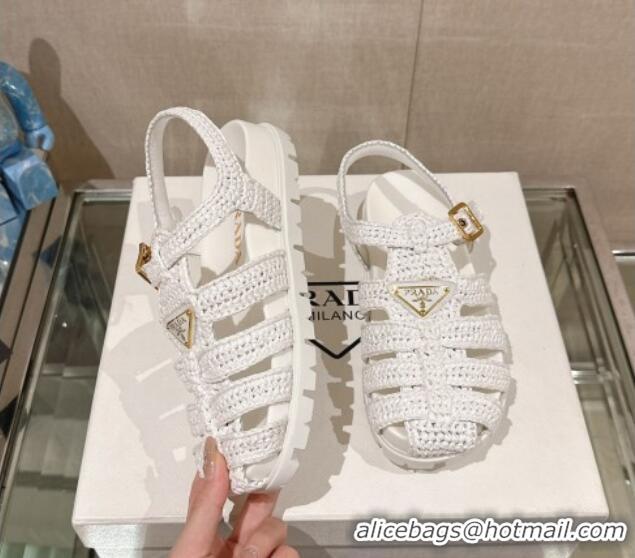 Good Looking Prada Crochet Strap Flat Sandals White 0430014