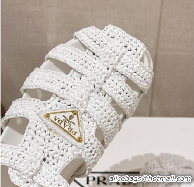 Good Looking Prada Crochet Strap Flat Sandals White 0430014