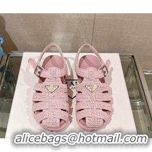 Luxury Prada Crochet Strap Flat Sandals Pink 430015