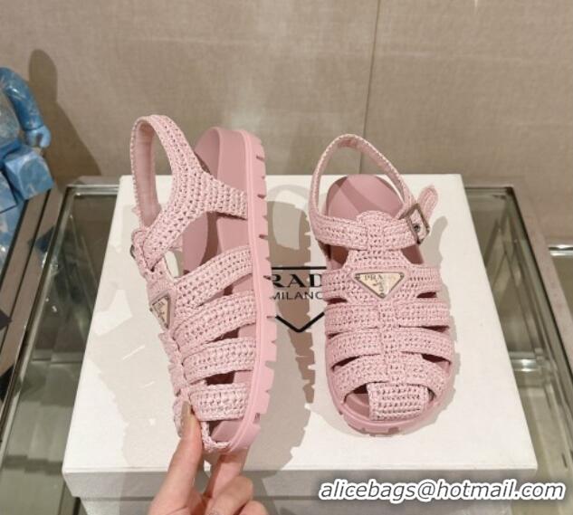 Luxury Prada Crochet Strap Flat Sandals Pink 430015