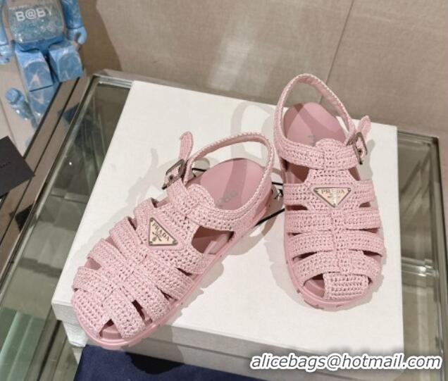 Luxury Prada Crochet Strap Flat Sandals Pink 430015