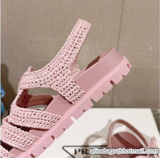 Luxury Prada Crochet Strap Flat Sandals Pink 430015