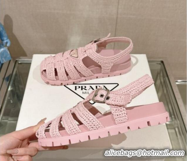 Luxury Prada Crochet Strap Flat Sandals Pink 430015