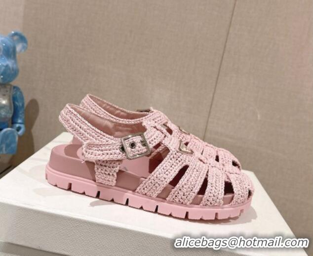 Luxury Prada Crochet Strap Flat Sandals Pink 430015