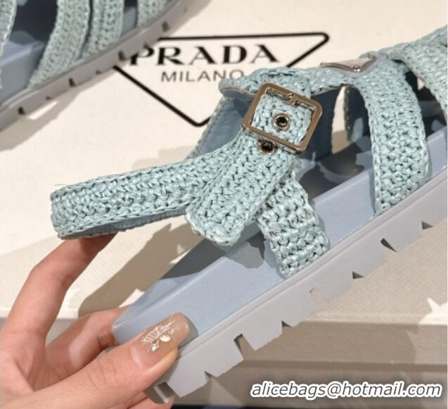 Shop Duplicate Prada Crochet Strap Flat Sandals Blue 430016