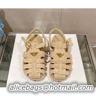 Fashion Prada Crochet Strap Flat Sandals Beige 430017