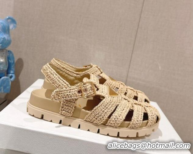 Fashion Prada Crochet Strap Flat Sandals Beige 430017