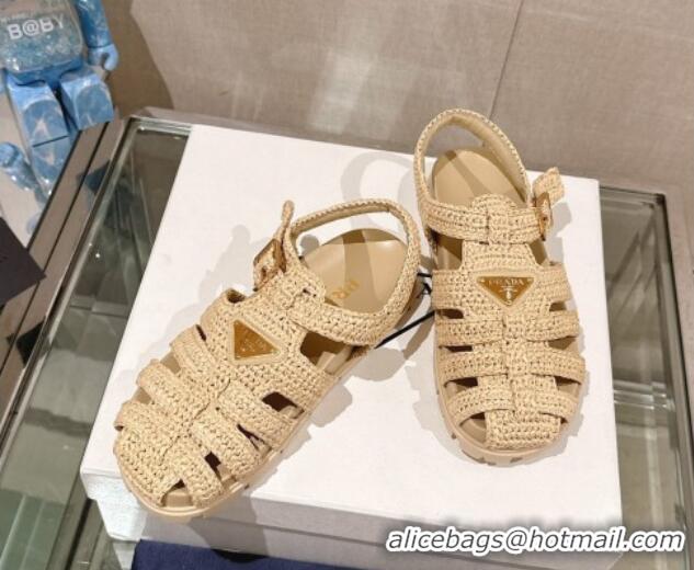 Fashion Prada Crochet Strap Flat Sandals Beige 430017