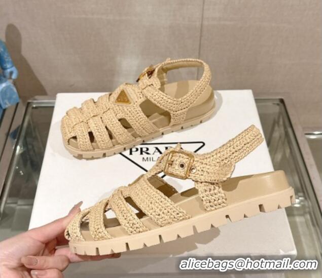 Fashion Prada Crochet Strap Flat Sandals Beige 430017