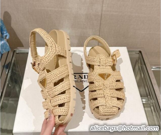 Fashion Prada Crochet Strap Flat Sandals Beige 430017