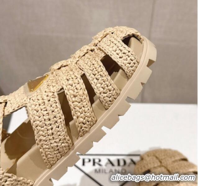 Fashion Prada Crochet Strap Flat Sandals Beige 430017