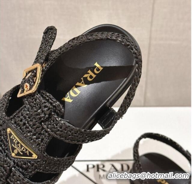 Grade Quality Prada Crochet Strap Flat Sandals Black 430018