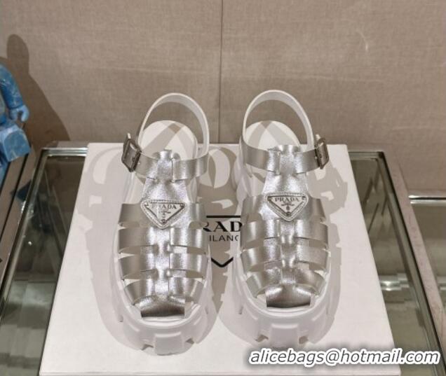 Buy Luxury Prada Monolith Rubber Platform Sandals 5.5cm Silver 430020