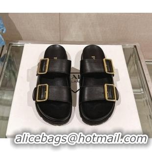 Trendy Design Prada Leather Flat Slide Sandals with Double Buckle Strap Black 430029