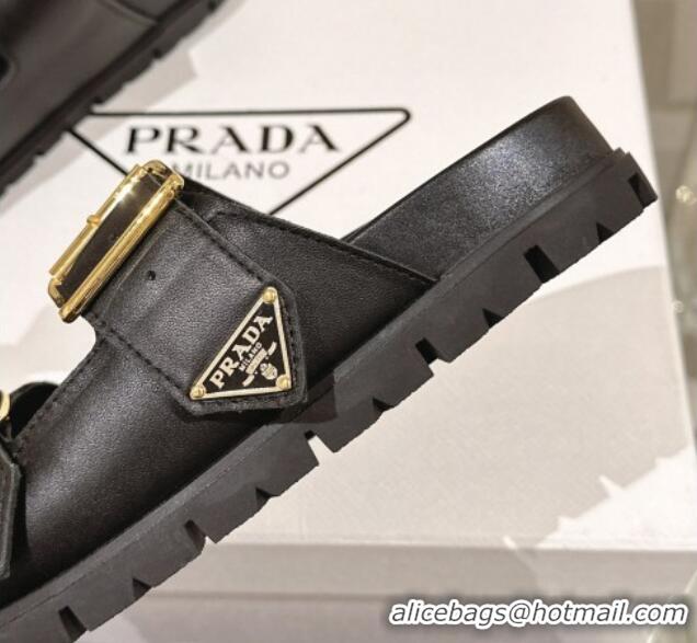 Trendy Design Prada Leather Flat Slide Sandals with Double Buckle Strap Black 430029