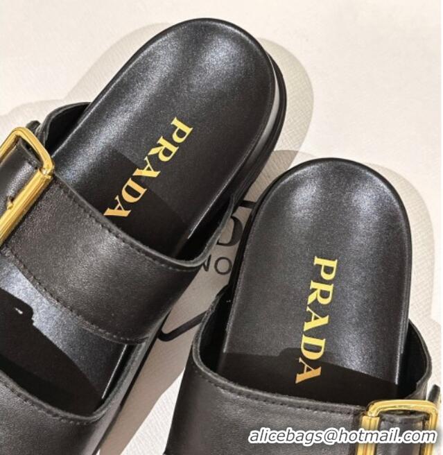 Trendy Design Prada Leather Flat Slide Sandals with Double Buckle Strap Black 430029