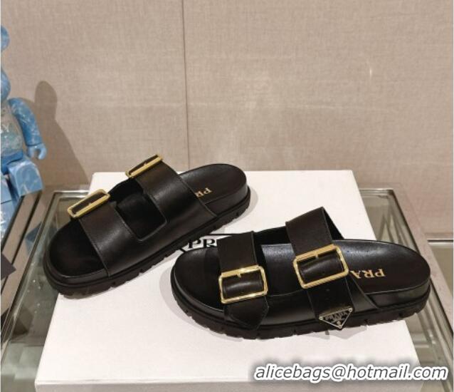 Trendy Design Prada Leather Flat Slide Sandals with Double Buckle Strap Black 430029