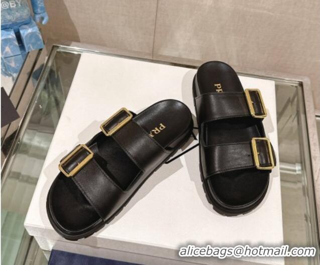 Trendy Design Prada Leather Flat Slide Sandals with Double Buckle Strap Black 430029