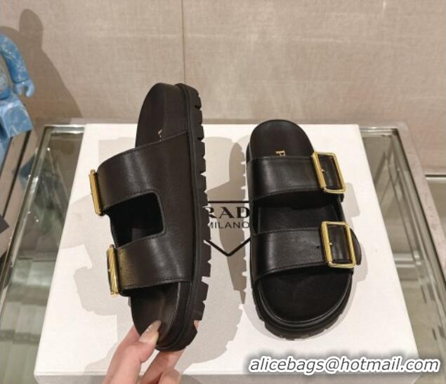 Trendy Design Prada Leather Flat Slide Sandals with Double Buckle Strap Black 430029