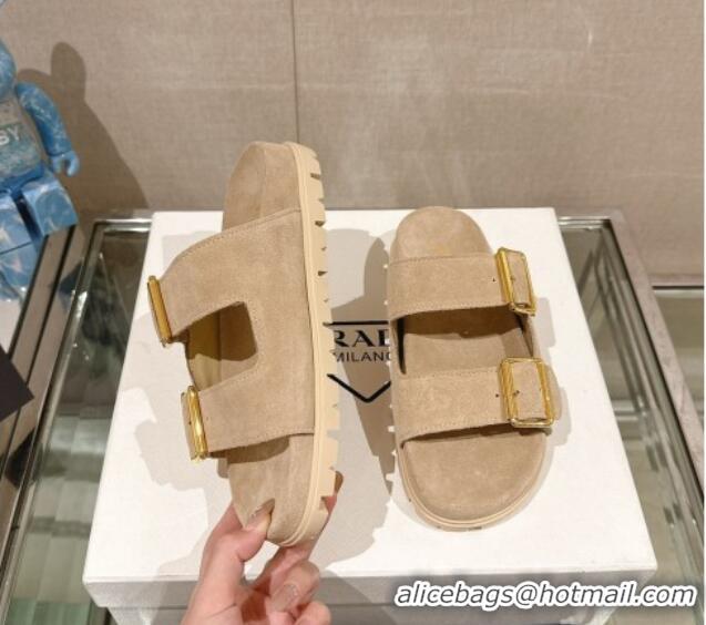 Charming Prada Suede Flat Slide Sandals with Double Buckle Strap Beige 430030