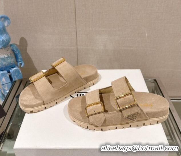 Charming Prada Suede Flat Slide Sandals with Double Buckle Strap Beige 430030