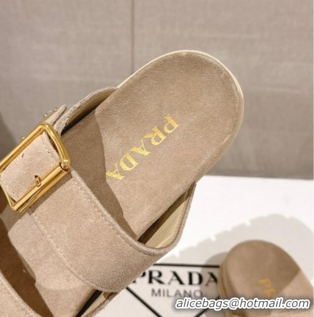 Charming Prada Suede Flat Slide Sandals with Double Buckle Strap Beige 430030