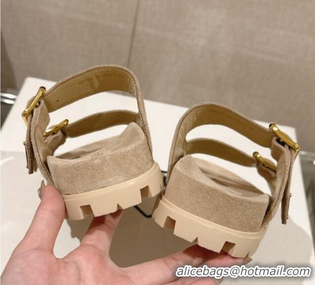 Charming Prada Suede Flat Slide Sandals with Double Buckle Strap Beige 430030