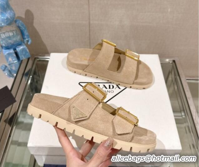 Charming Prada Suede Flat Slide Sandals with Double Buckle Strap Beige 430030