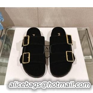 Shop Duplicate Prada Suede Flat Slide Sandals with Double Buckle Strap Black 430031