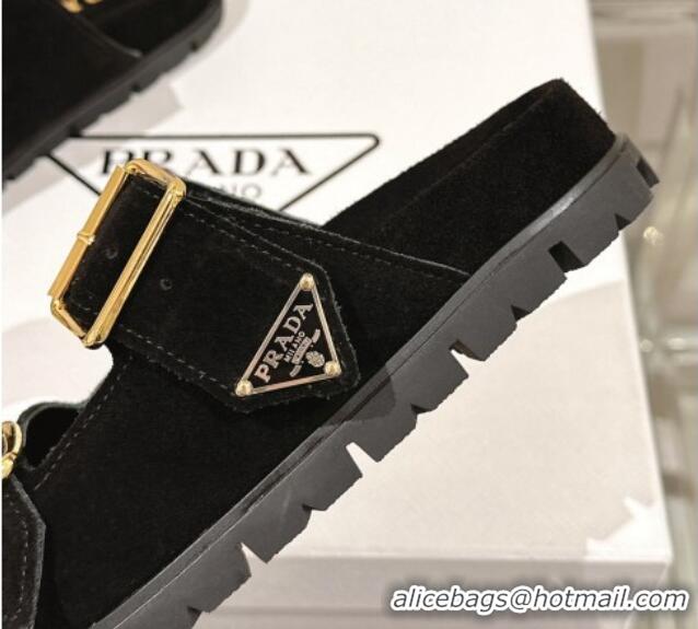 Shop Duplicate Prada Suede Flat Slide Sandals with Double Buckle Strap Black 430031