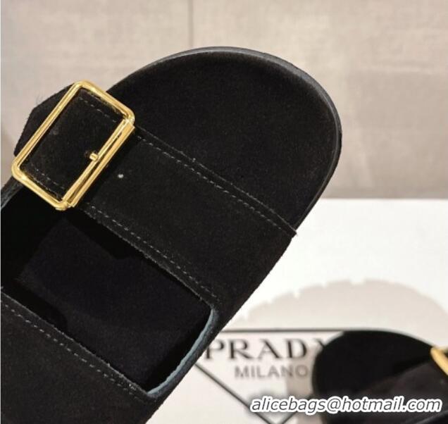 Shop Duplicate Prada Suede Flat Slide Sandals with Double Buckle Strap Black 430031