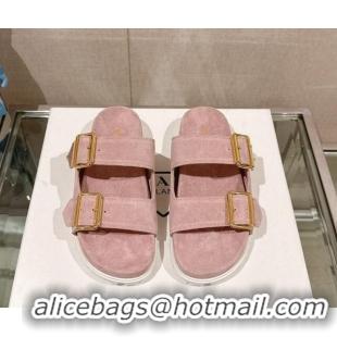 Grade Prada Suede Flat Slide Sandals with Double Buckle Strap Pink 430032